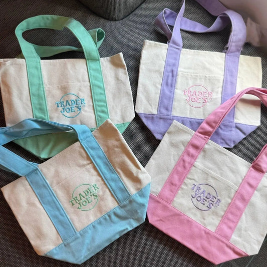 Trader Joe'S Pastel Mini Canvas Tote Bags 2026 LIMITED EDITION NWT LOT of 4 Embroidered Cotton